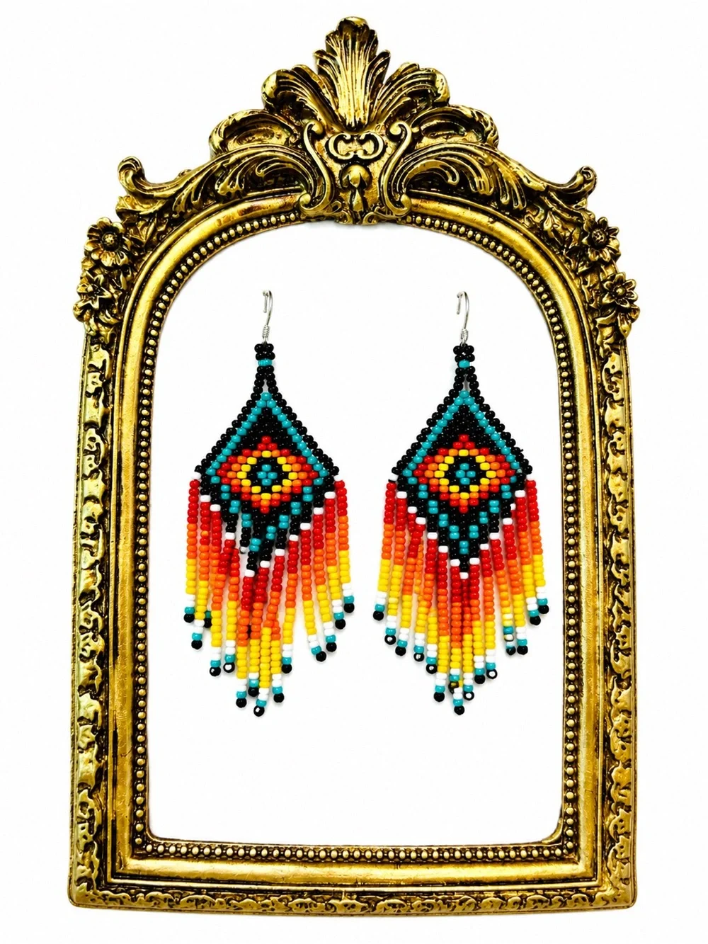 Handmade Multicolor Beaded Fringe Earrings - Turquoise, Red & Yellow